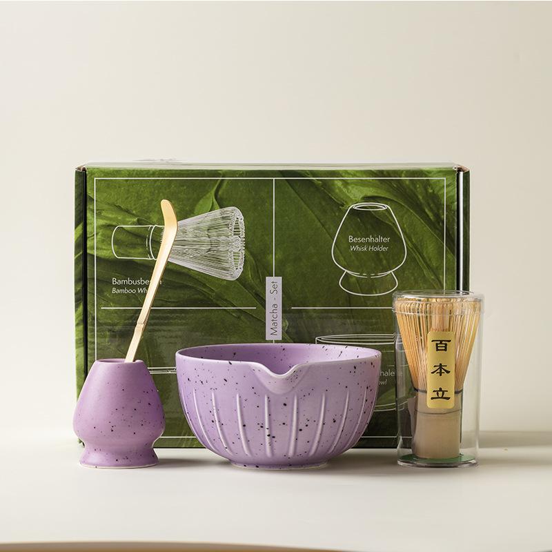 Zestaw Japońskiej Matchy 4/7 Szt. z Wypukłą Ceramiczną Miseczką, Bambusową Ubijaczką Matcha i Łyżeczką do Herbaty do Samodzielnego Robienia Herbaty, Akcesoria
