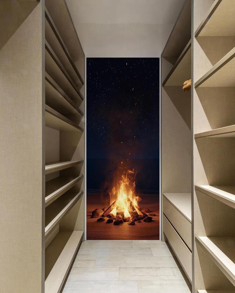 Door Sticker Mural Peel and Stick, Removable Self-Adhesive Bonfires Door Wallpaper for Home Decor