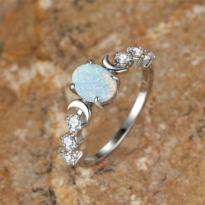 Bagues Charm Femmes Pierre Opale de Feu Bleue Blanche Couleur Cuivre Bijoux de Mariage Pour Femmes Cristal Lune Ovale Bague de Fiançailles 6 white