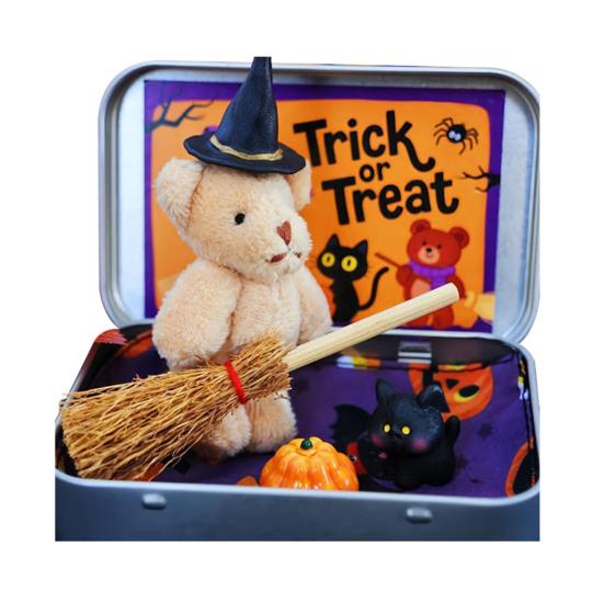 Halloween Bear In A Box for Trick or Treat Handmade Witch Bear In Box Miniature Plush Bear with Witch Hat Broom Pumpkin Cat for Halloween Party