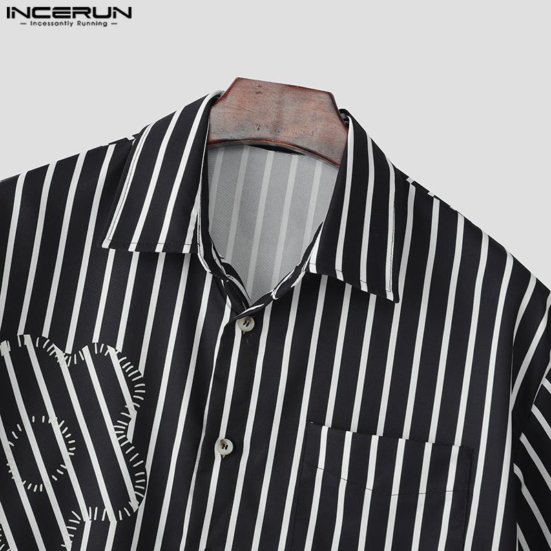 INCERUN Cămăși scurte casual de vară pentru bărbați, supradimensionate, cu guler cu rever, mânecă scurtă, florale, cu dungi