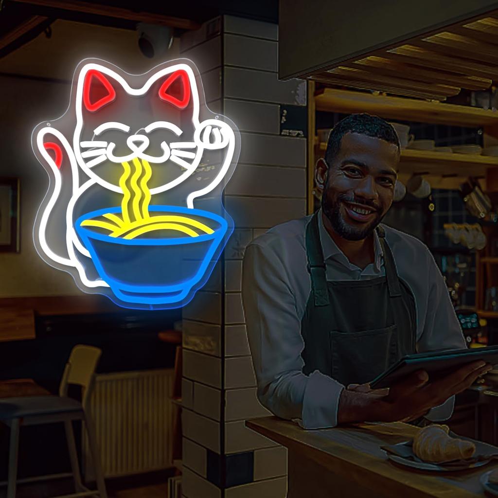 Fortune Cat Ramen Neon Sign Cat Neon Sign Dimmable Japanese Noodles Led Neon Signs for Wall Decor Anime Light Up Signs Neon Lights for Bedroom Store