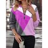 Color Blocked Printed Long Sleeved Zipper V-neck Women's T-shirt High Street Fashion Elegant Commuting Style Autumn Top