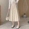 Women's Black Pleated A-Line Skirt - Mid-Length, High Waist, Elastic Fit, Autumn/Winter