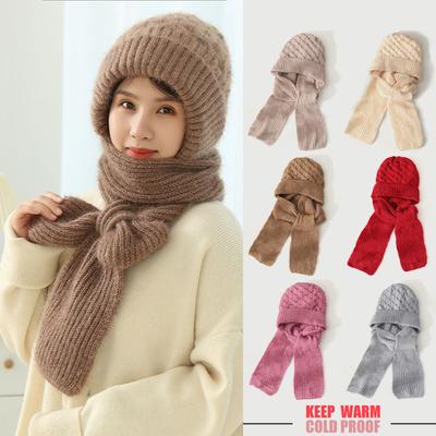 Winter Womens Knitted Hat Double Warm Padded Thickened Hat Scarf One Wool Knitting Net Red Pop Wind and Snow Beanies Hats