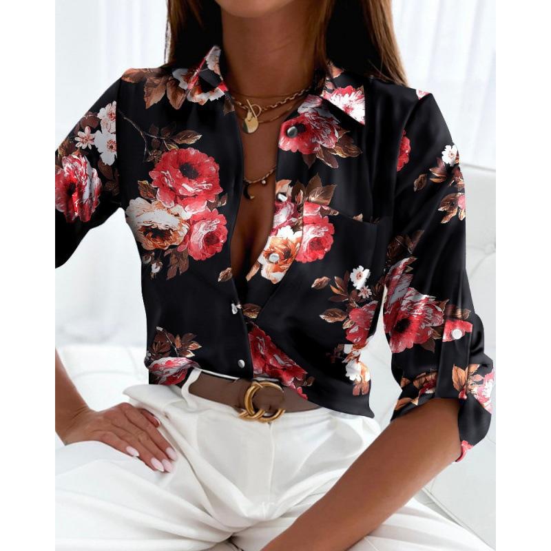 Black Floral Print Long Sleeve Button Down Shirt S