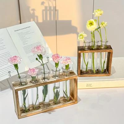 Creative Retro Hydroponic Green Plant Test Tube Vase Series Wooden Frame Vase Office Desktop Decoration Home Decoration