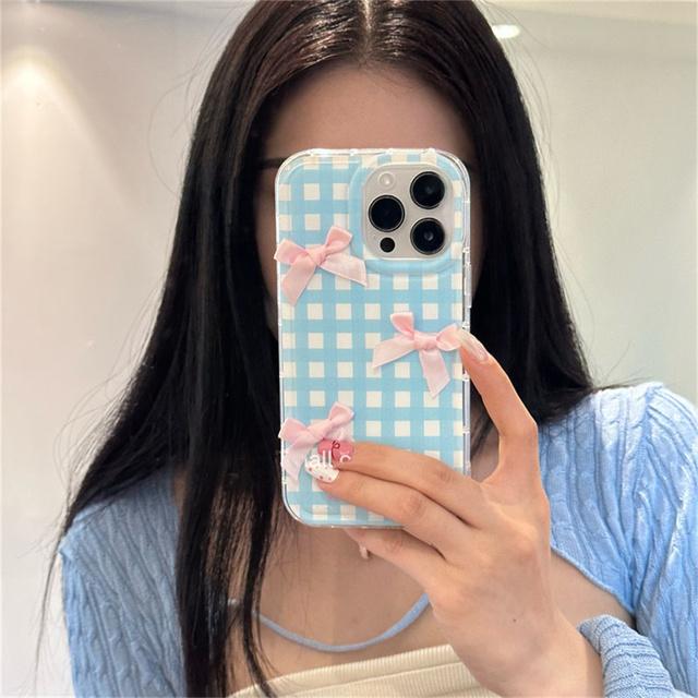 Ins Korean 3d Pink Blue Bow Lattice Husă moale pentru telefon pentru Iphone 14 12 11 13 Pro Max 11 12 13 14 Lovely Girl Husă din spate de protecție