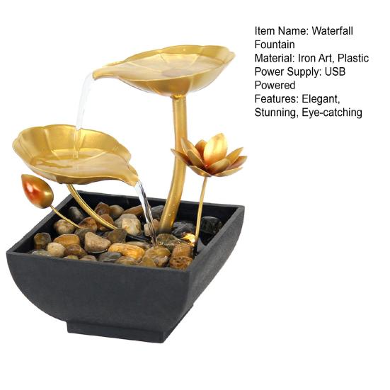 Tabletop Water Fountain USB Powered Golden Lotus Desktop Decorative Waterfall Fountain with Rocks for Home Bathroom Bedroom Indoor Zen Decor