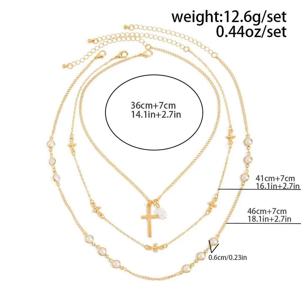 SHIXIN 3Pcs/Set Vintage Jesus Cross Pendant Necklace for Women Boho Trendy Multi-Layer Metal Imitation Pearl Choker Jewelry Gift