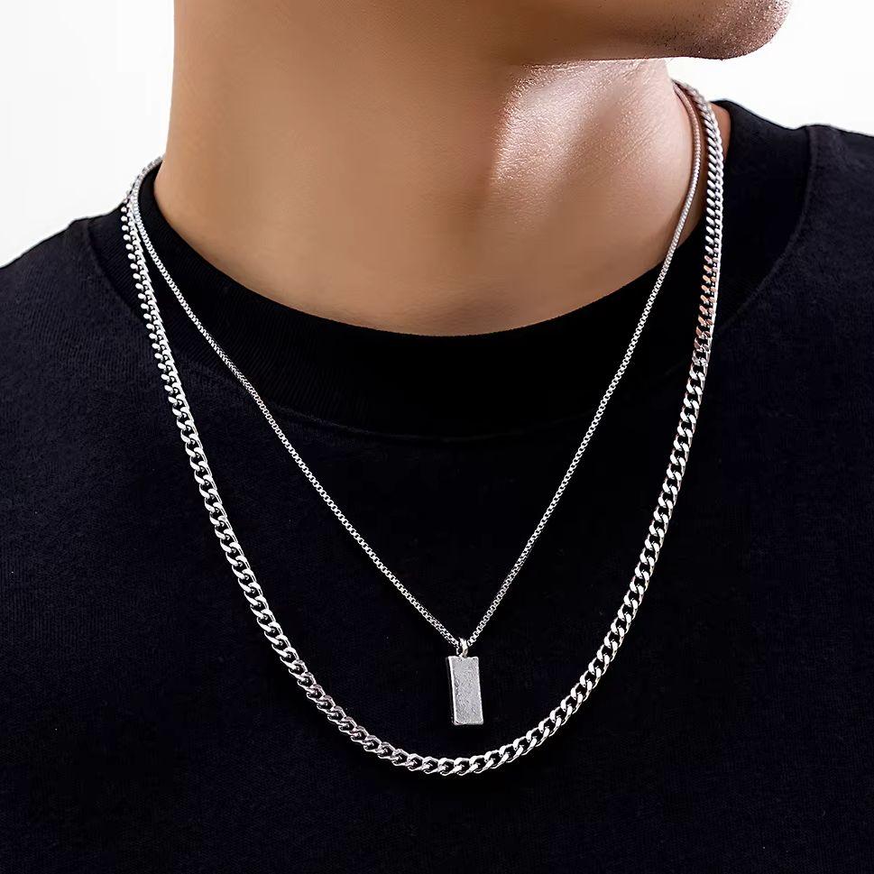 KunJoe 2Pcs/Set Trendy Simple Square Pendant Necklace for Men Punk Silver Color Cuban Link Chain Choker Necklace Male Jewelry