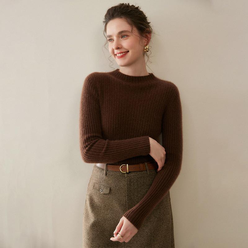 2025 Autumn/Winter Women's Slim-Fit Half-High Neck Solid Cashmere Ribbed Sweater