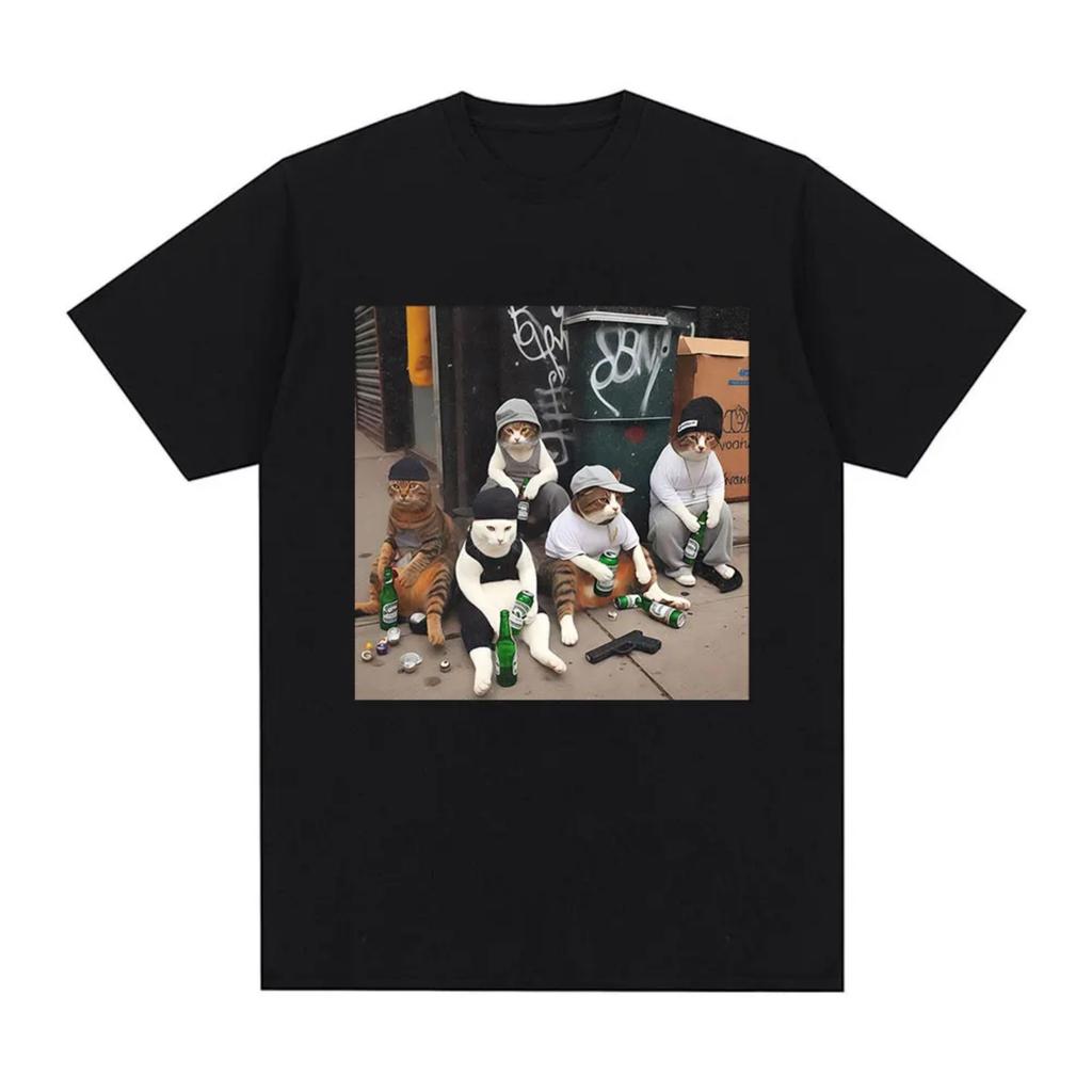 Funny Cat Gang Meme Graphic Print T Shirts Men Women Fashion Vintage Short Sleeve T-shirt High Quality Cotton Oversized T-shirts