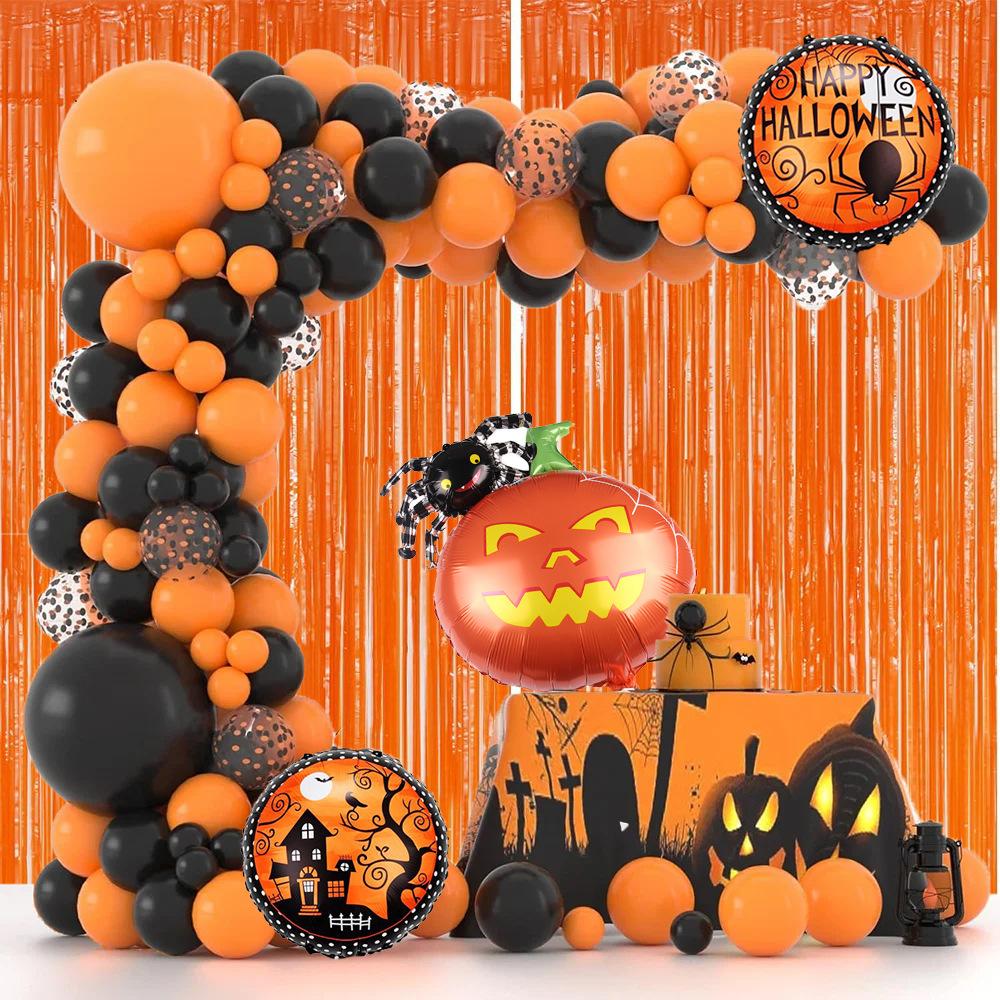 Halloween Balloon Wreath Pumpkin Aluminum Film Black Orange Latex Balloon Chain Rain Curtain Package Holiday Party Scene Decoration