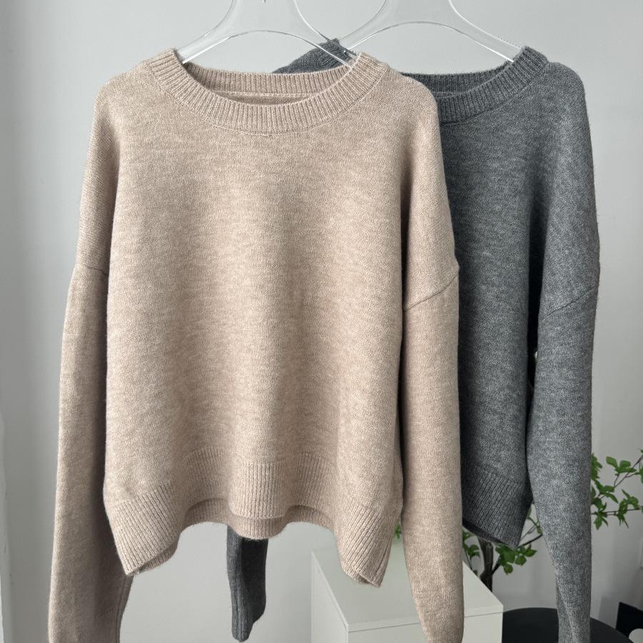 Round Neck Casual Loose Women Sweater 2026 Autumn Winter Pullover Short Sweaters Solid Color Basic Tops Fashion Simple Long Sleeve Elegant Clothing