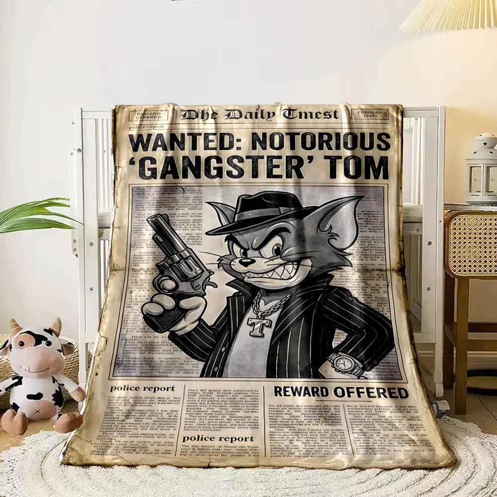 

A newspaper-style wanted poster featuring a cartoon gangster cat. for all seasons blanket lunch break throw gift 80cm x 120cm