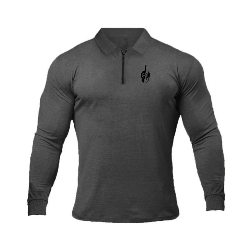 Muscleguys Herren Langarm Poloshirts Reißverschluss Umlegekragen Herbst Bodybuilding Fitness Tops Slim Fit