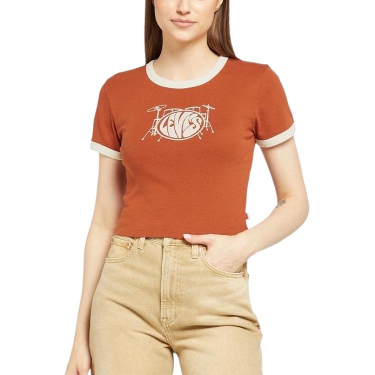 Levis Printed Logo Slim Fit Comfortable Ribbed Round Neck Short Sleeve T-Shirt Women T-Shirts Brown A3523-0131