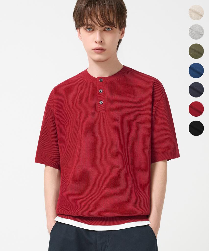 TRILLION Washable Linen Crop Henley Neck Short Sleeve Knit_7 Colors (Type A)
