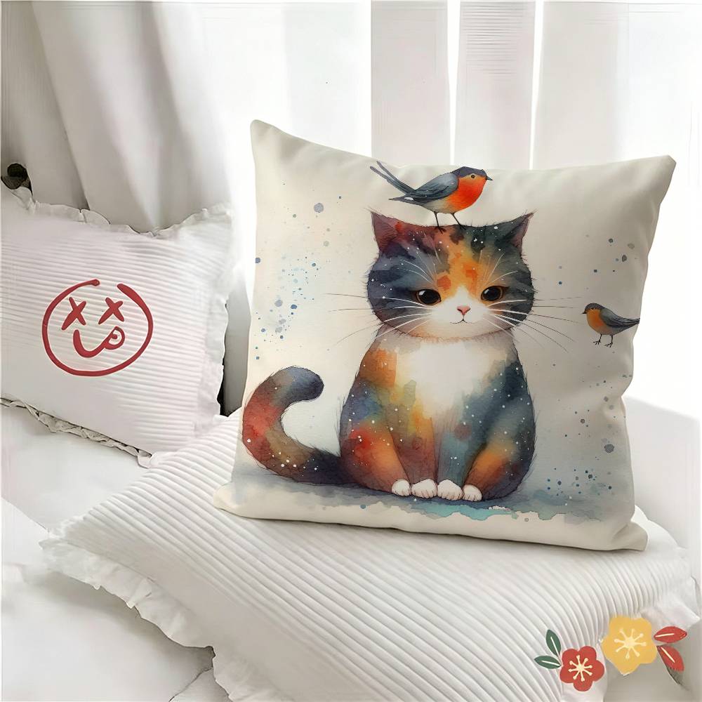 pc Cute Oil Painting Cat Animal Bird Pillow Case Fashion Square Pillowcase Bedroom Sofa Room Ins Decoration Leisure