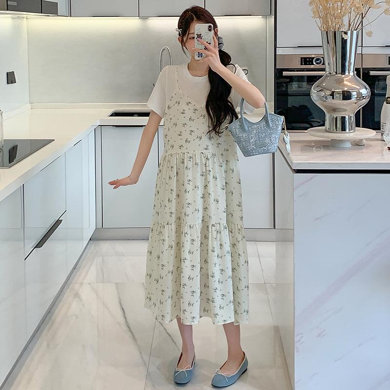 2026 Summer Korean Style Maternity Cotton T-shirt & Chiffon Layered Dress XL