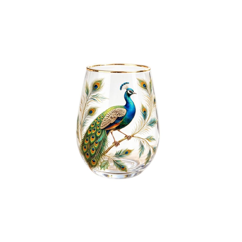 Glass Tea Cup with Peacock Print Decorative Cups for Garden Glass Tea Cups Drinking Cups for Garden