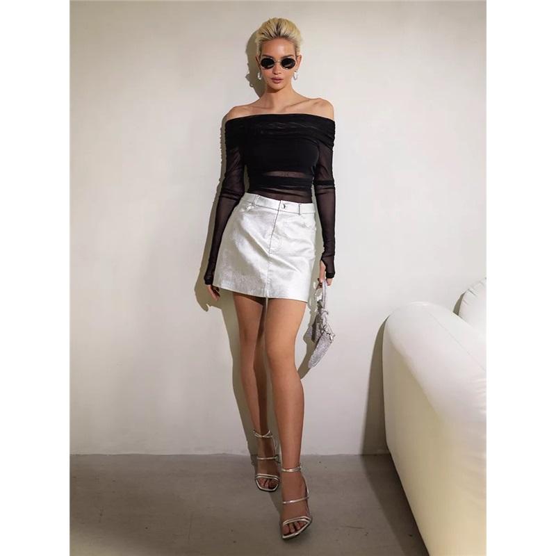 Tooxika Spring And Autumn Women's New Solid Color Slim Fashion One-shoulder Neck Mesh Long-sleeved Top