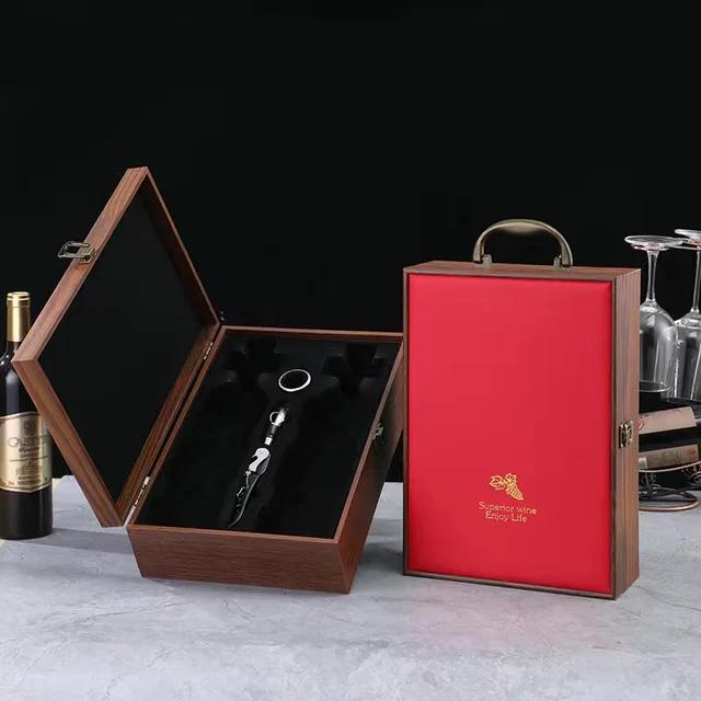 Luxury Double Leather Box Wine Bottle Wooden Organizer Wood Holder for Red Champagne with Cocktail Set