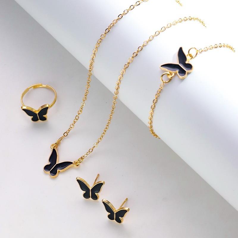 Fashion European American Style Butterfly Enamel Jewelry Four Piece Set For Women