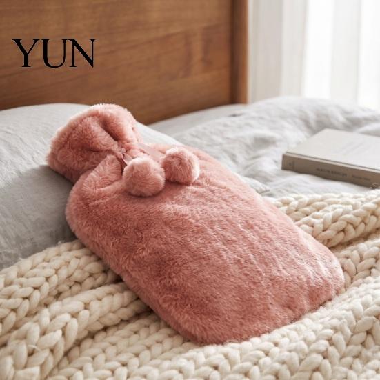 Winter Hot Water Bag 2L Bottle with Plush Cover, Pompom Drawstring Warm Bag, for Hands, Feet, Stomach Lightweight