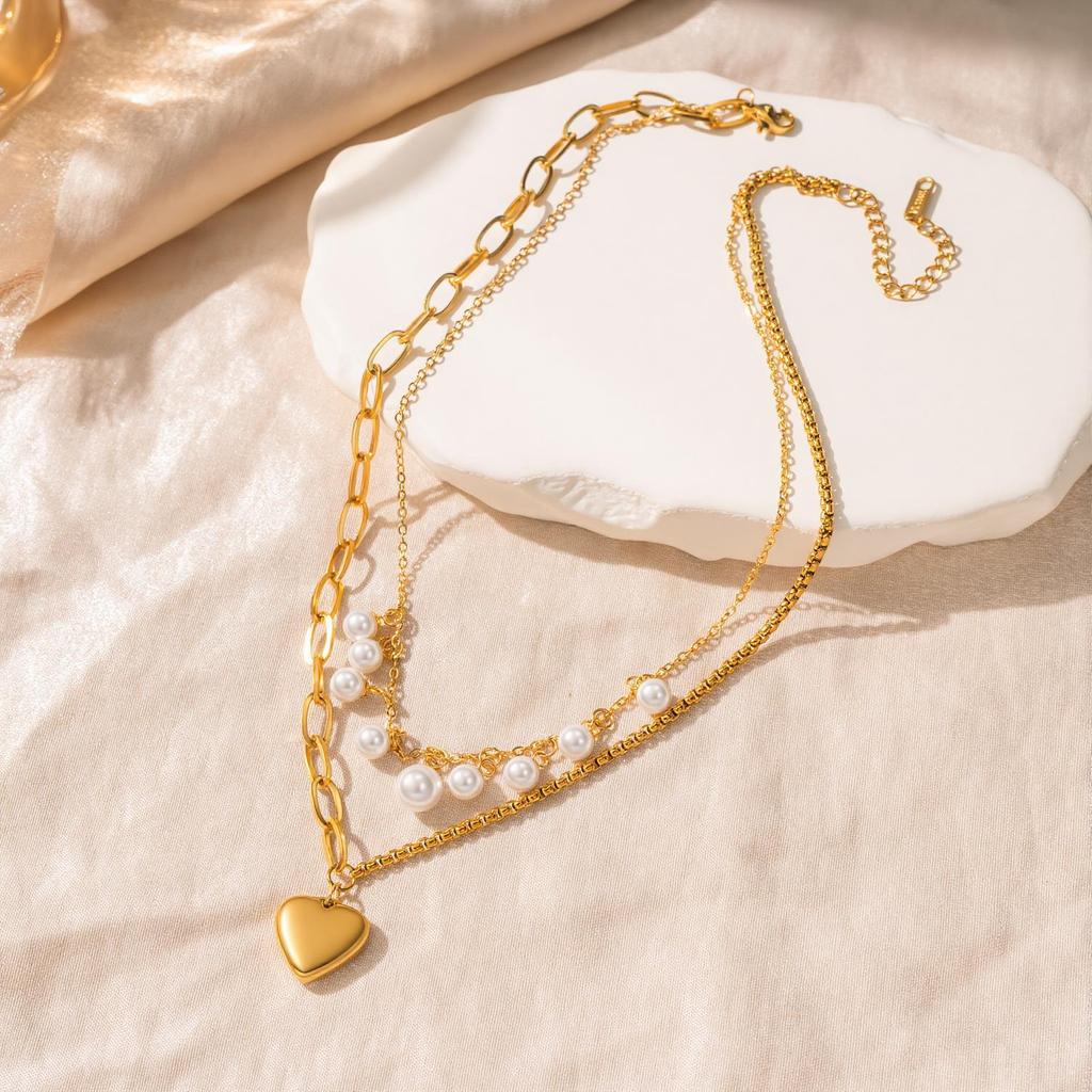 18K Stainless Steel Heart Pendant Pearl Double-Layer Chain Necklace - Colorfast Jewelry