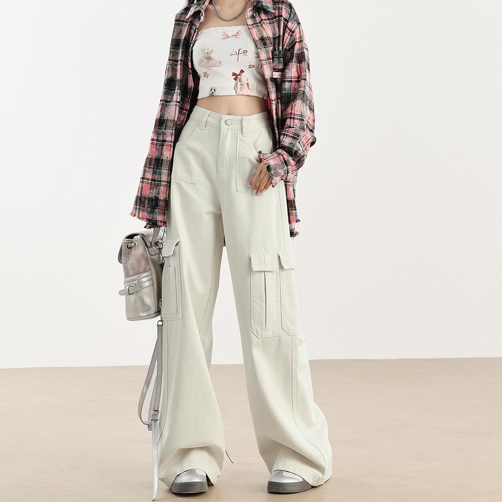 

Women s 2024 High-Waisted Petite Cargo Pants – Autumn Casual Wide-Leg with Hip Coverage. 5XL грязно-белый