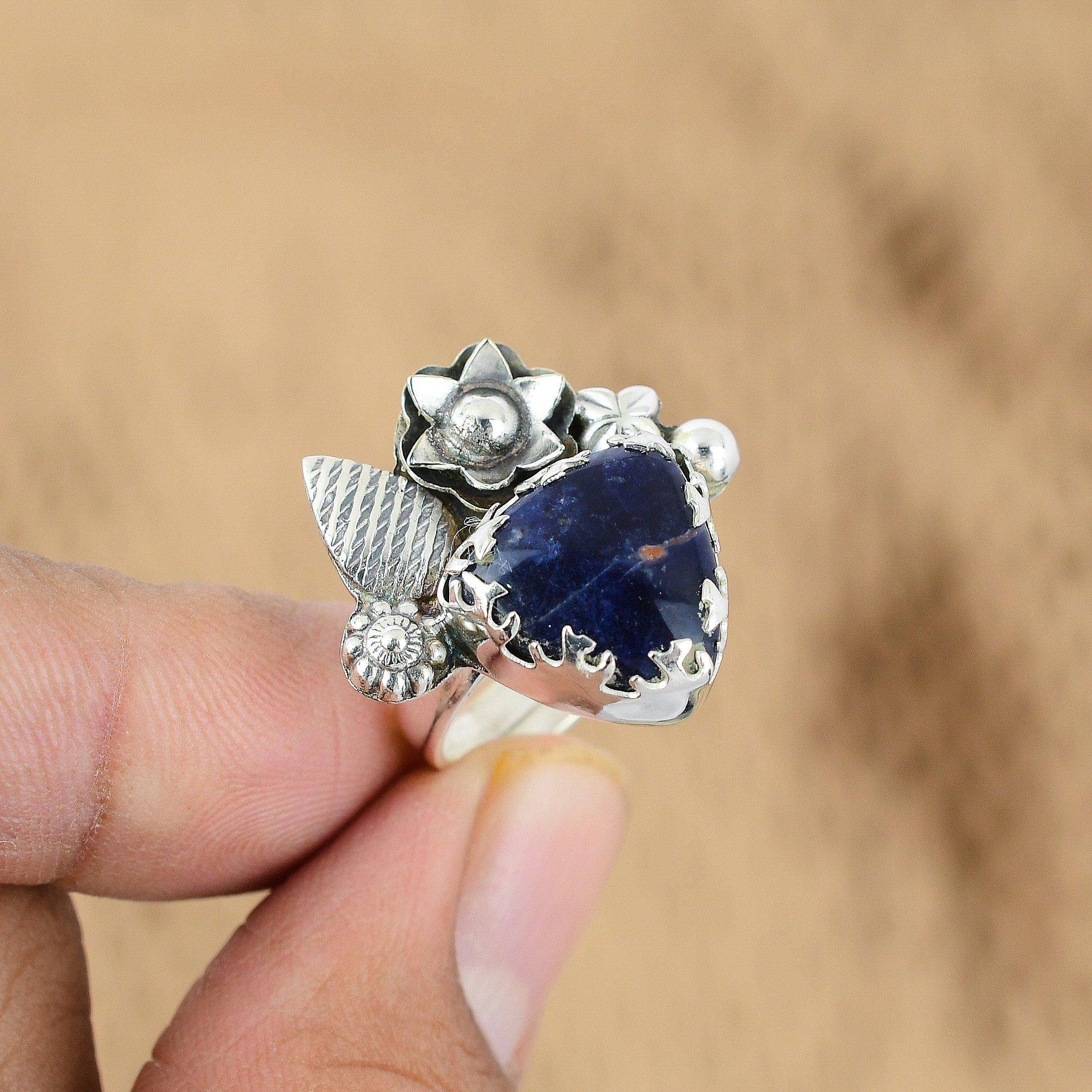 

Trillion Sodalite Gemstone Flower Handmade Unique Promise Ring Sterling Silver Yes