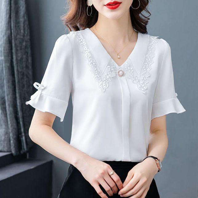 Summer New Doll Neck Loose Top Short Sleeve Bottoming Shirt Mom Summer Flare Sleeve Solid Color Blouse 3XL