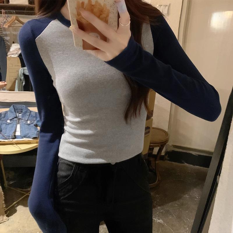 Round neck contrasting color raglan long-sleeved T-shirt for women's outer wear new autumn design foreign chic short bottoming shirt top