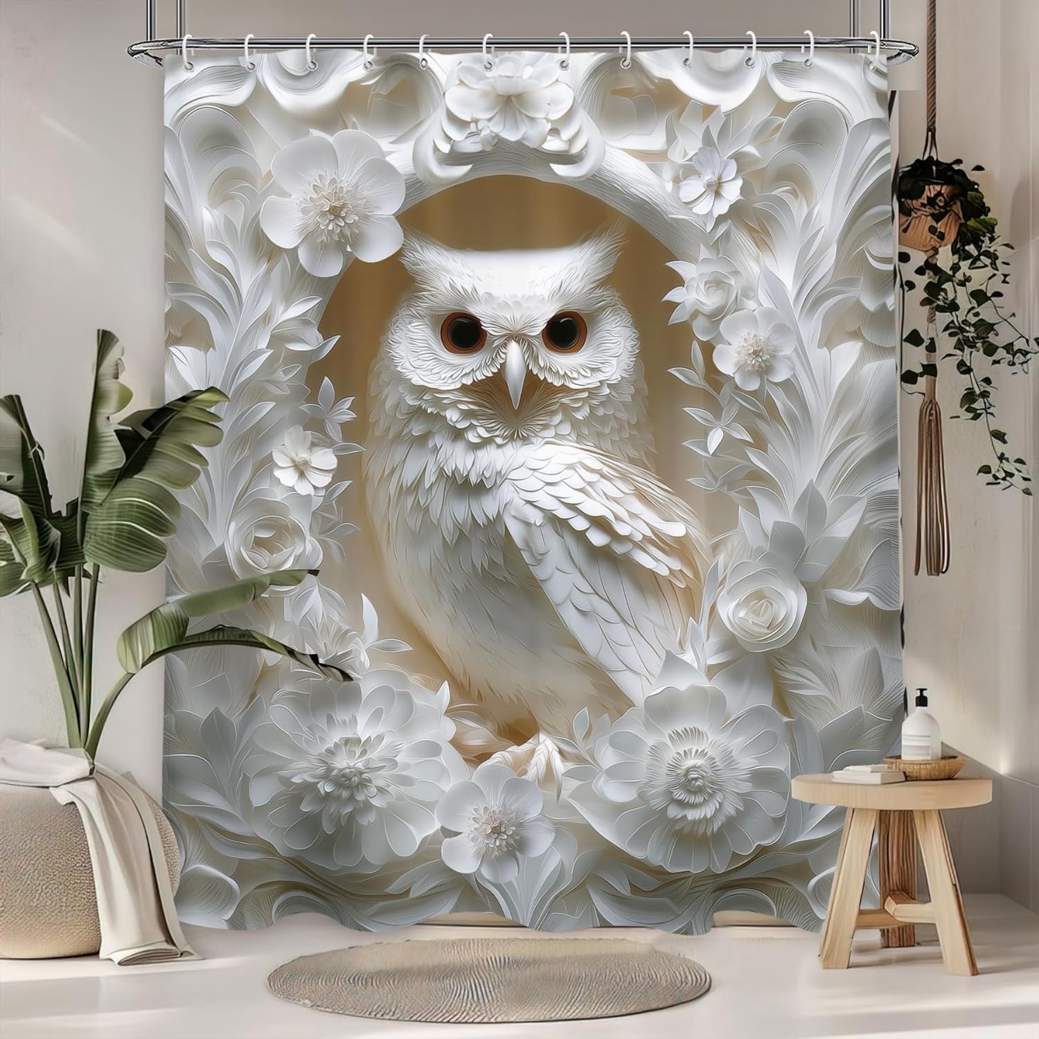 

White Owl Shower Curtain Animal Wildlife Nature Forest Bird Theme Home Bathroom Decor Hooks W60H190(CM)-1 Pcs