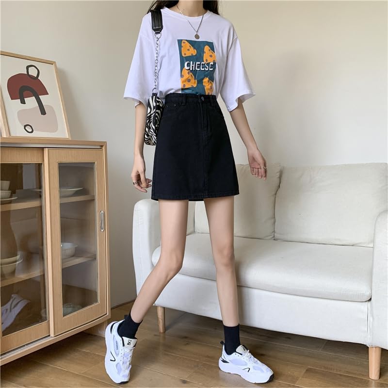 Plus Size Denim Short Mini Loose Cute Mini Jean Short Sizes [syvent] Skirt, A-Line Skirt, Fit, Skirt, Casual, A-Line Skirt, S-5XL