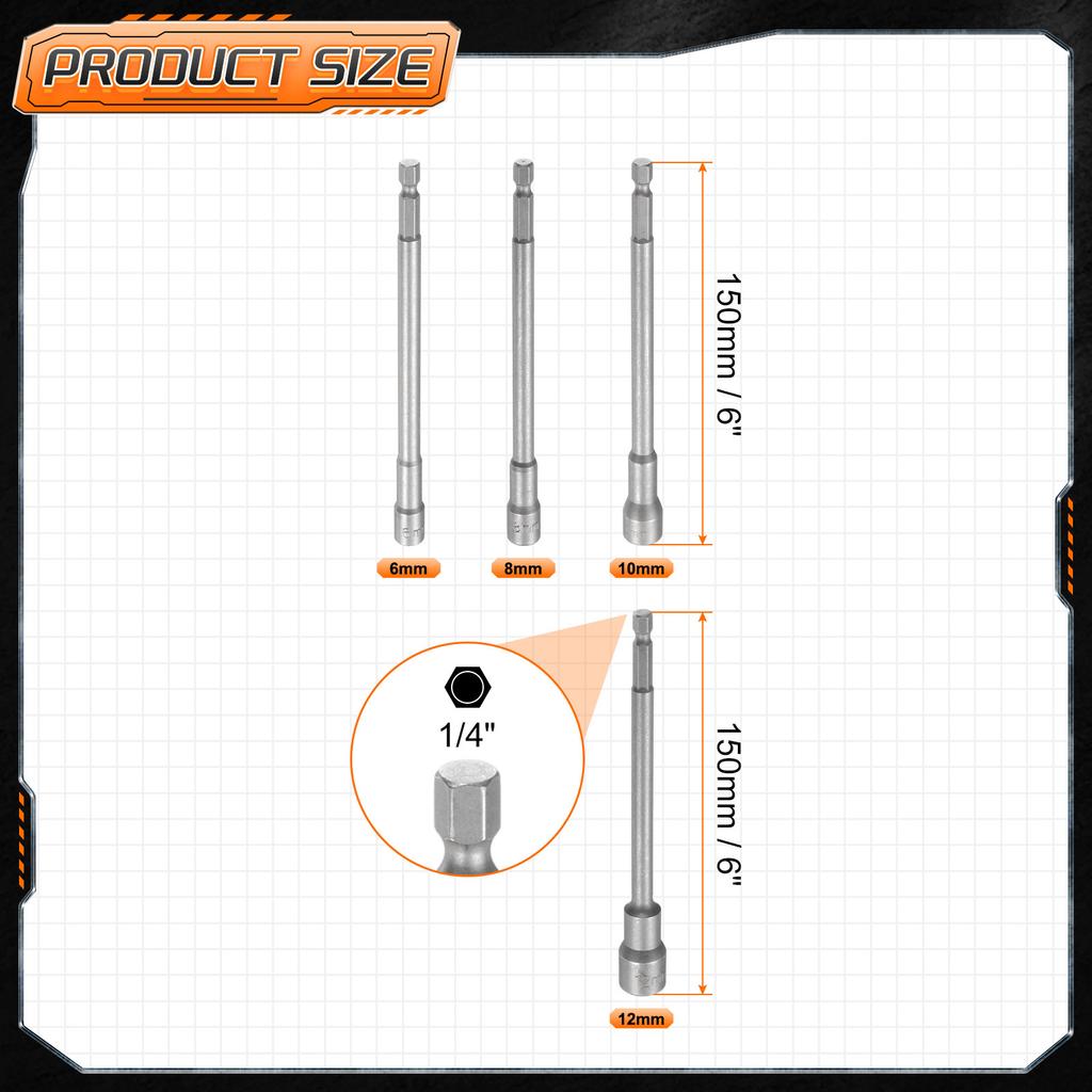 3-15pcs Nut Driver Drill Bit Set 5.5-19mm Metric Impact Socket 1/4" Hex Shank 6" (150mm) Extra Long Magnetic 6-Point Sockets
