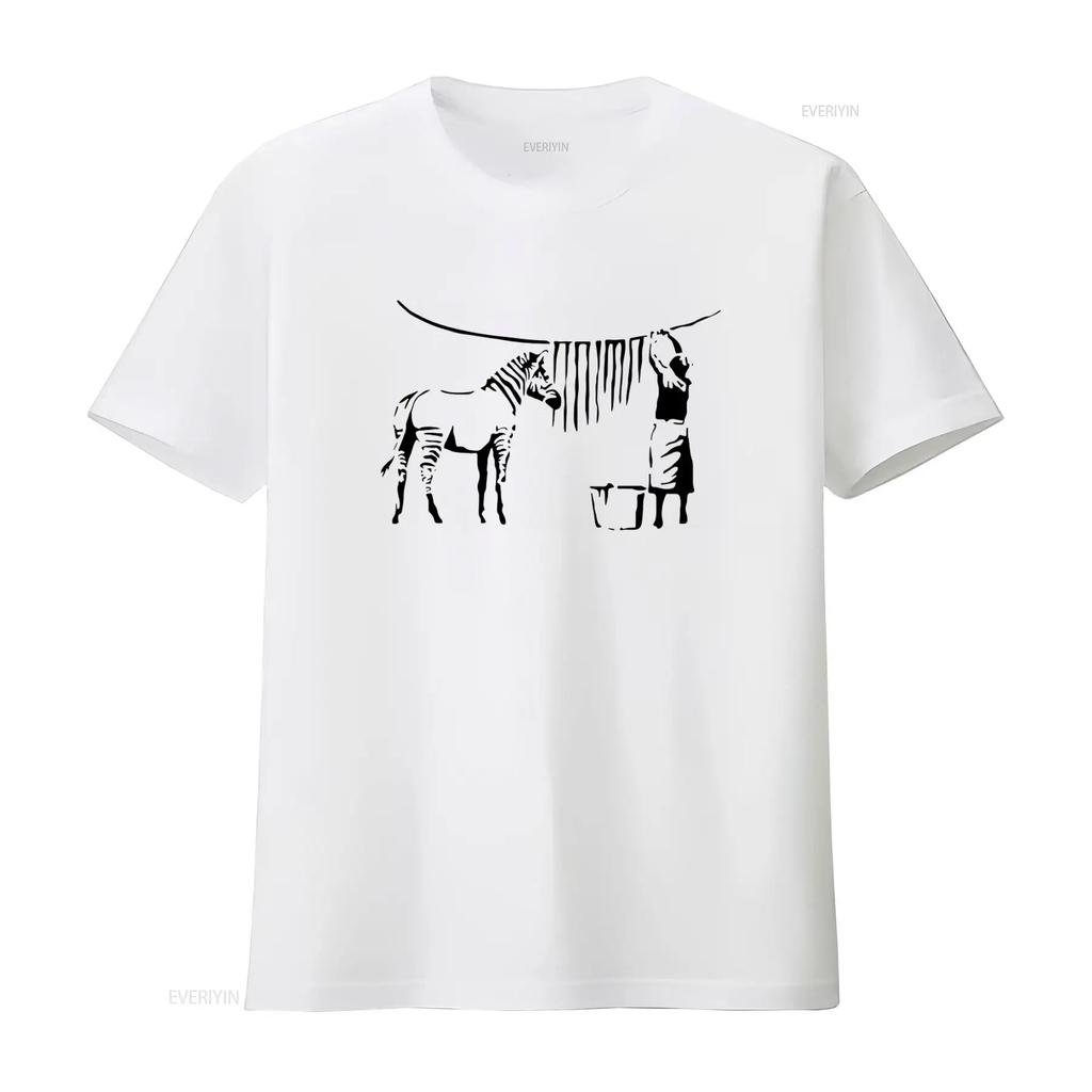 Ladies Banksy Inspired Zebra Washing Street Art Graffiti Lady Fit White T Shirt vintage Washed Breathable Casual Unisex fashion
