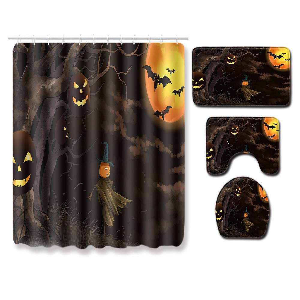 Halloween Shower Curtain Floor Mat Combination Four-Piece Set Bathroom Toilet Carpet Shower Room Foot Mat