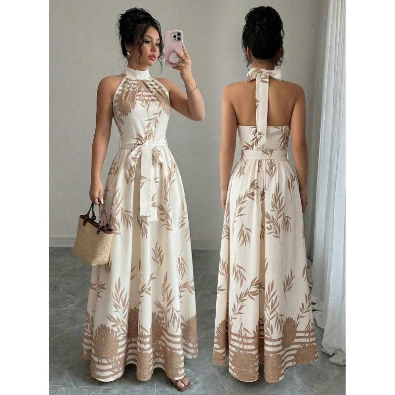 European summer new elegant holiday style palm leaf print sleeveless neck long dress XS