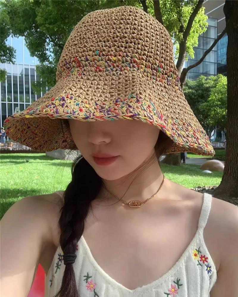 Straw Hat Women's Summer Hollow Sunscreen Visor Breathable Beach Hat Seaside Vacation Wind Wide Brim Woven Bucket Hat