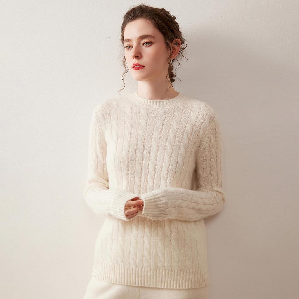 Women's Retro Cable Knit Cashmere Sweater - Autumn/Winter Slim Fit Round Neck Top