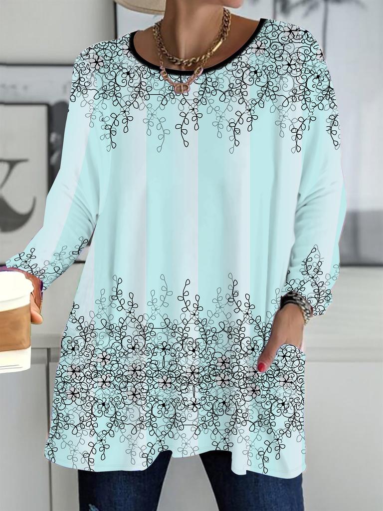 2025 Autumn Winter New Plus Size Women's Tops, Flower 3D Print Fashion Crew Neck Long Sleeve T-Shirts