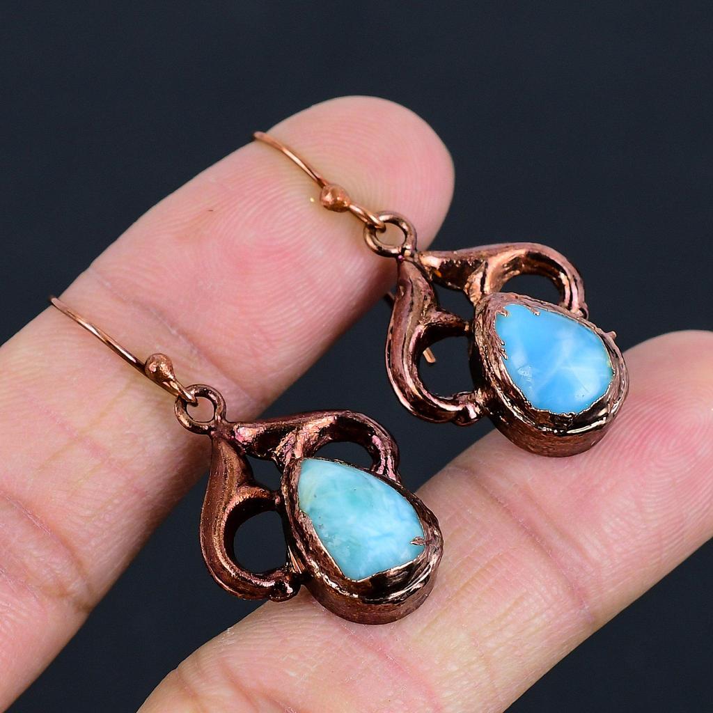 Larimar Earrings, Copper Electroformed Jewelry, Gemstone Earrings, Gift For Her Handmade Dainty Jewelry