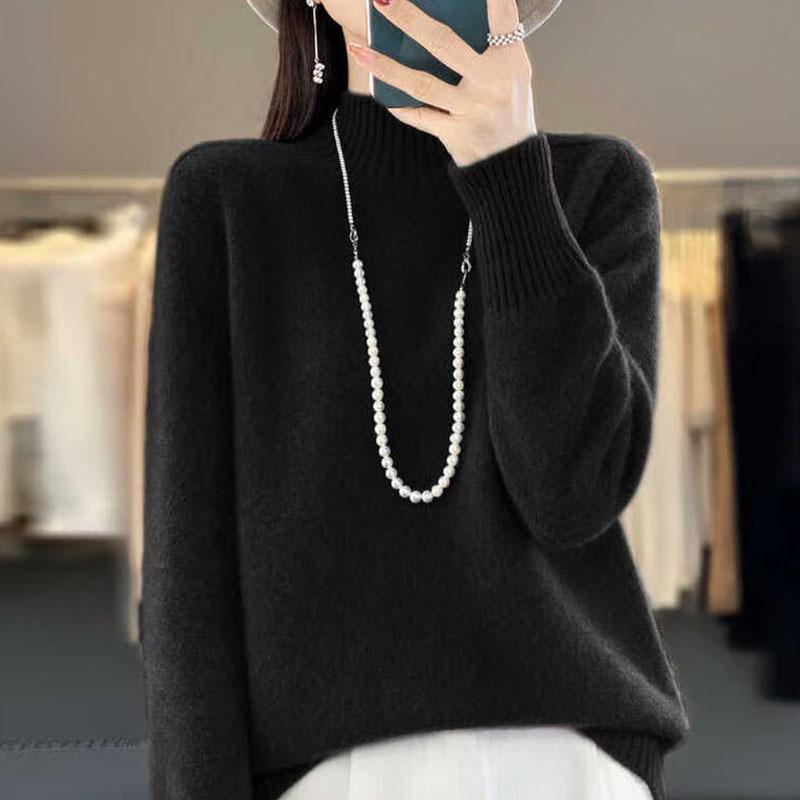 2024 Autumn/Winter Women’s Chic Wool Sweater, Slimming & Versatile, Half-High Neck, Loose Fit, Thickened Base Layer