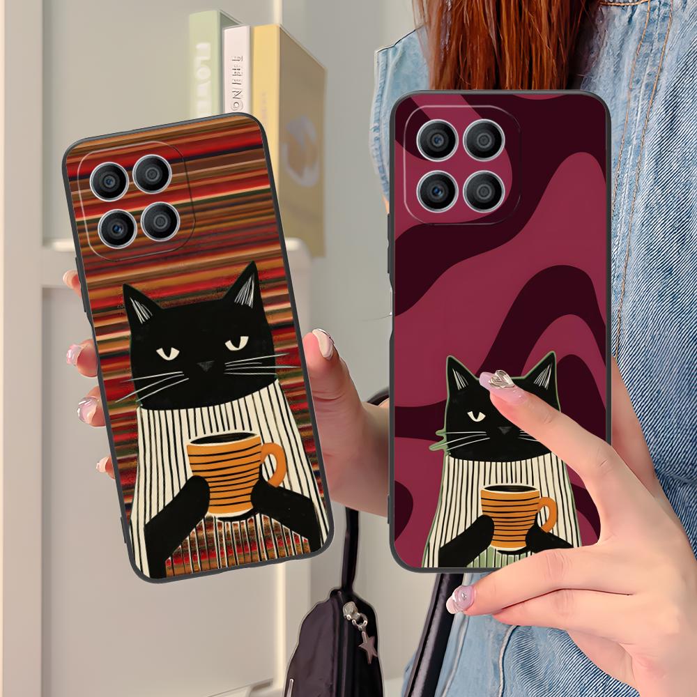 Cute Coffee Cat Matte TPU Mobile Phone Case for Honor 90 80 70 60 50 30 20 10 9 8 7 Pro S SE Lite 5G Colorful Printing Cover