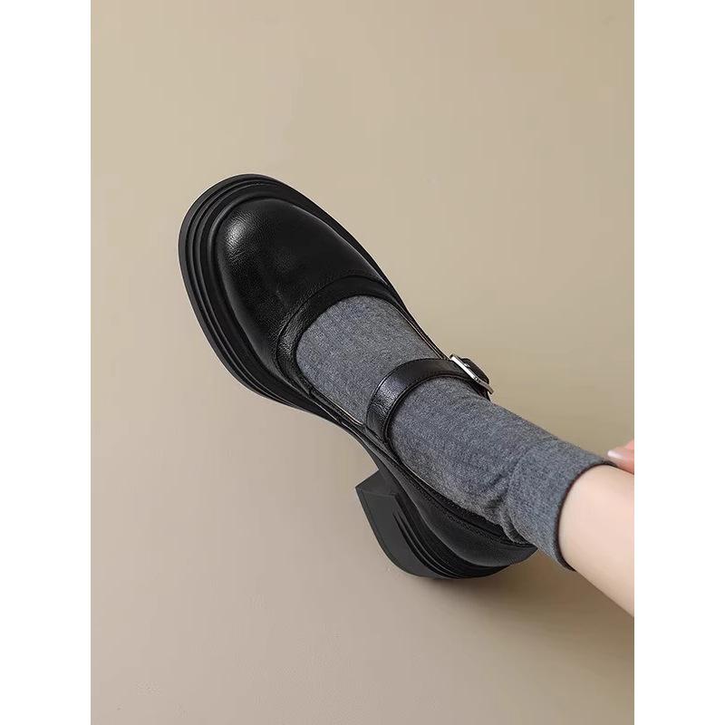 Mary Jane Shoes Women's 2025 Autumn Small Man Thick Sole Height Increase 6.5cm Black Round Head Thick Heel Retro French Small