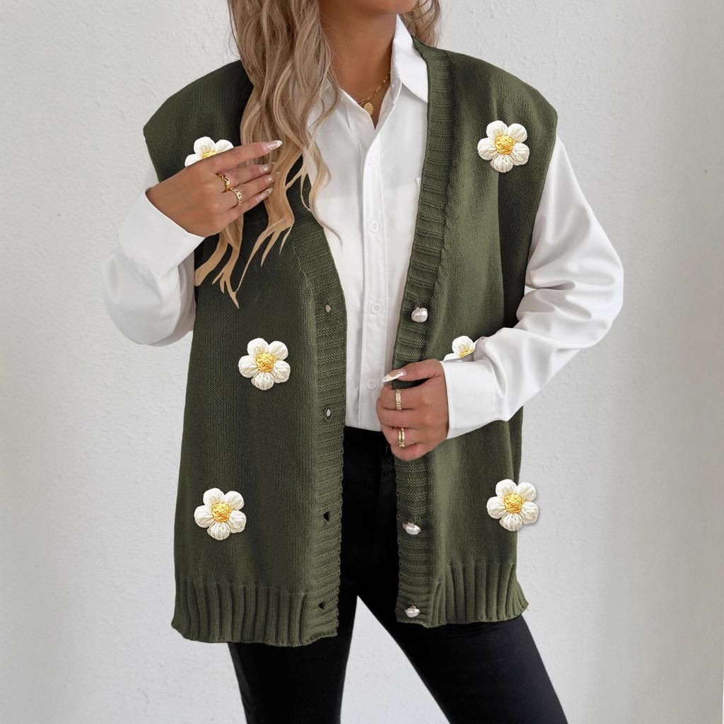 Vest for Autumn and Winter, Women's Clothing, Pearl Button Cardigan, Hand-hooked Flower Patchwork Sweater, Waistcoat