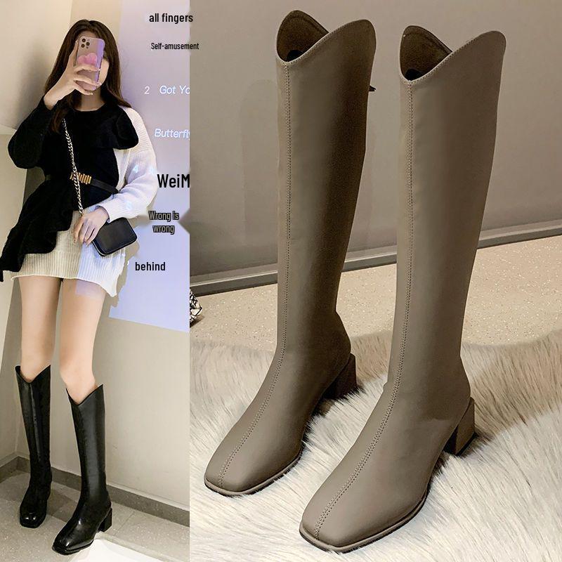 Dámské kozačky nad koleno s robustním podpatkem a čtvercovou špičkou - kolekce podzim/zima 2025